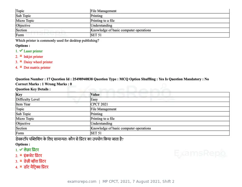 MP CPCT 2021 question paper, 7 August 2021, Shift 2, page 22 of 94