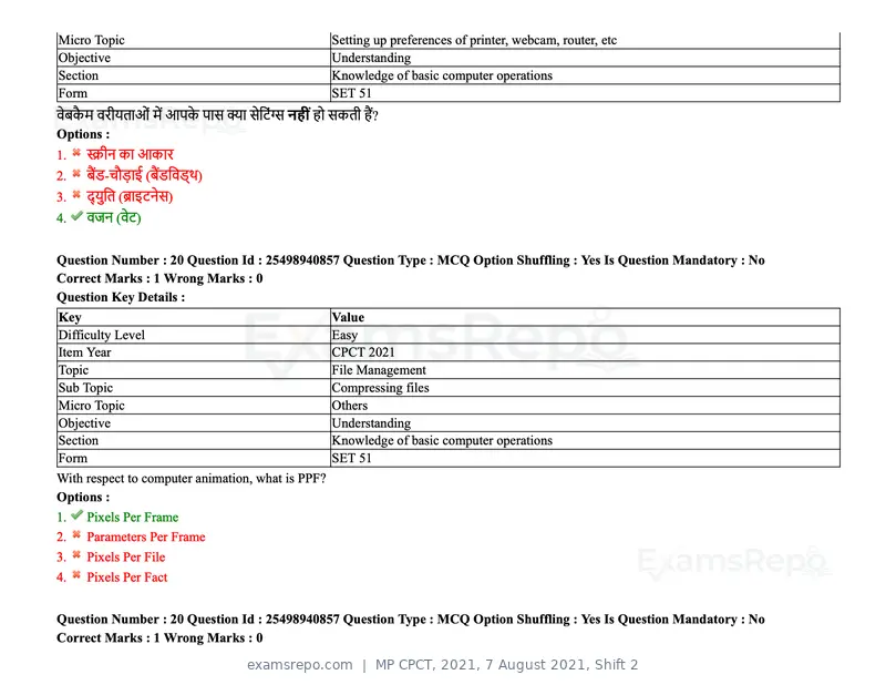 MP CPCT 2021 question paper, 7 August 2021, Shift 2, page 25 of 94