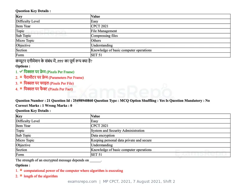 MP CPCT 2021 question paper, 7 August 2021, Shift 2, page 26 of 94