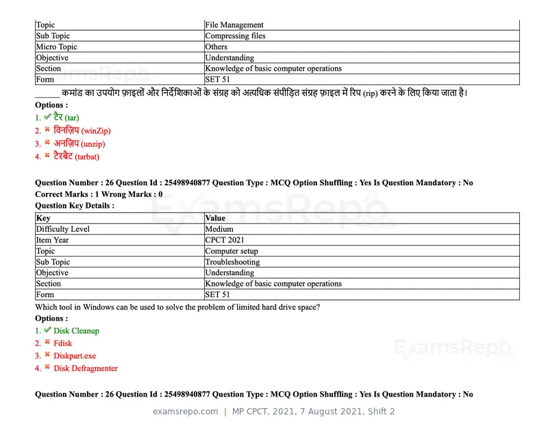 MP CPCT 2021 question paper, 7 August 2021, Shift 2, page 32 of 94