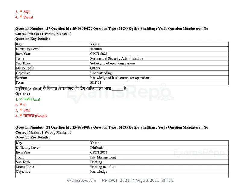 MP CPCT 2021 question paper, 7 August 2021, Shift 2, page 34 of 94