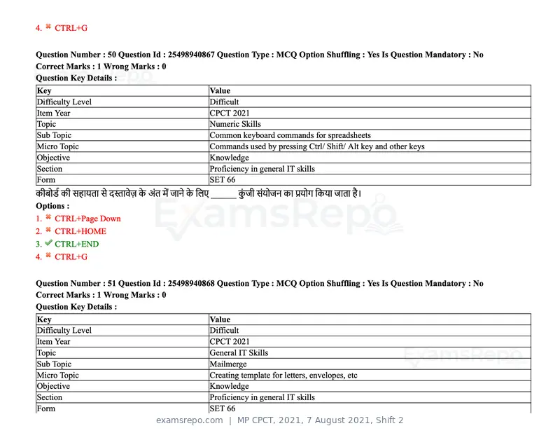 MP CPCT 2021 question paper, 7 August 2021, Shift 2, page 61 of 94