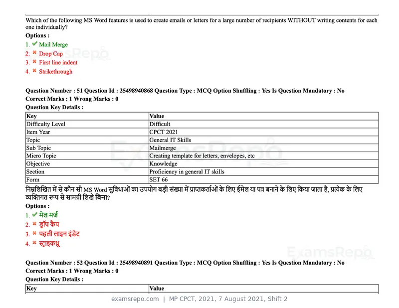 MP CPCT 2021 question paper, 7 August 2021, Shift 2, page 62 of 94