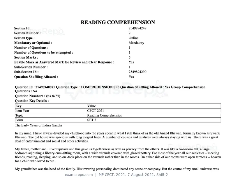 MP CPCT 2021 question paper, 7 August 2021, Shift 2, page 64 of 94