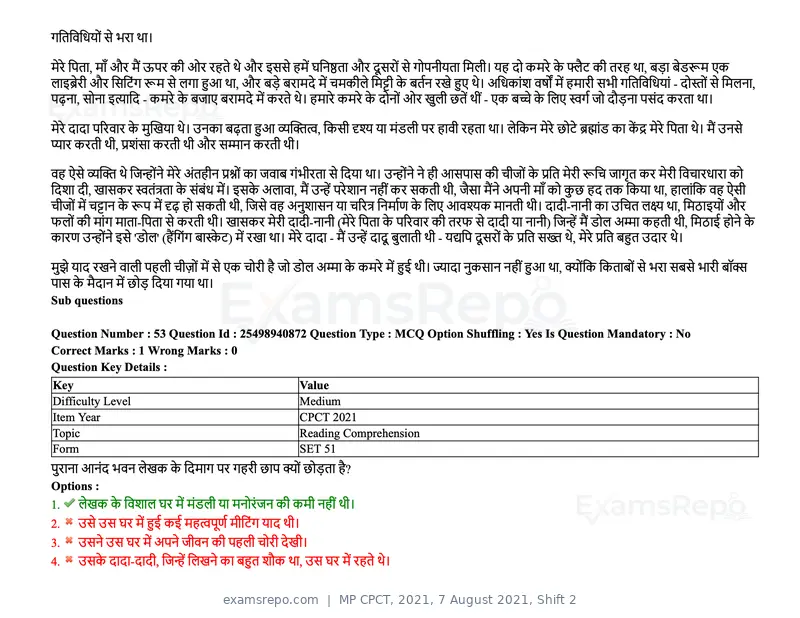 MP CPCT 2021 question paper, 7 August 2021, Shift 2, page 68 of 94