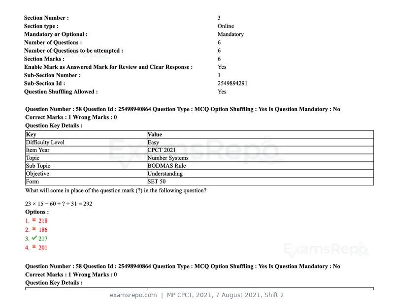 MP CPCT 2021 question paper, 7 August 2021, Shift 2, page 71 of 94