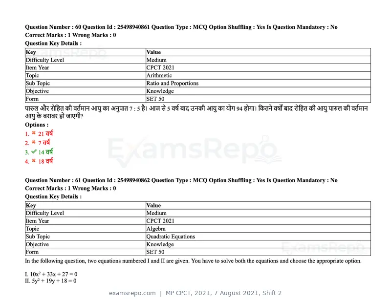 MP CPCT 2021 question paper, 7 August 2021, Shift 2, page 74 of 94