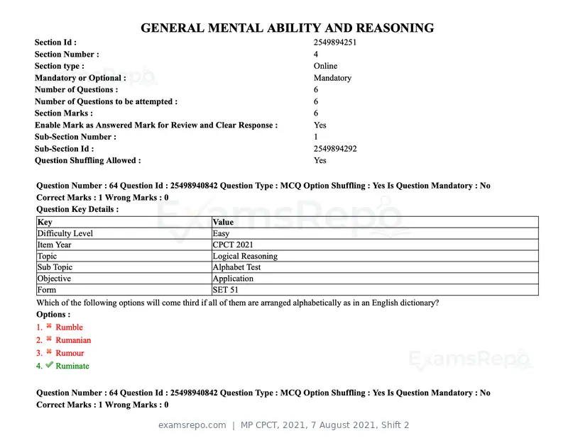 MP CPCT 2021 question paper, 7 August 2021, Shift 2, page 78 of 94