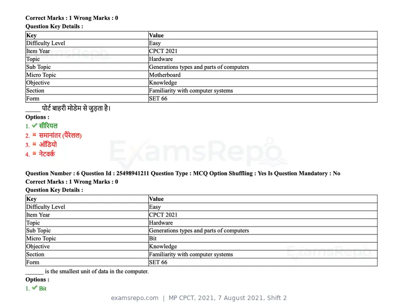 MP CPCT 2021 question paper, 7 August 2021, Shift 2, page 8 of 94
