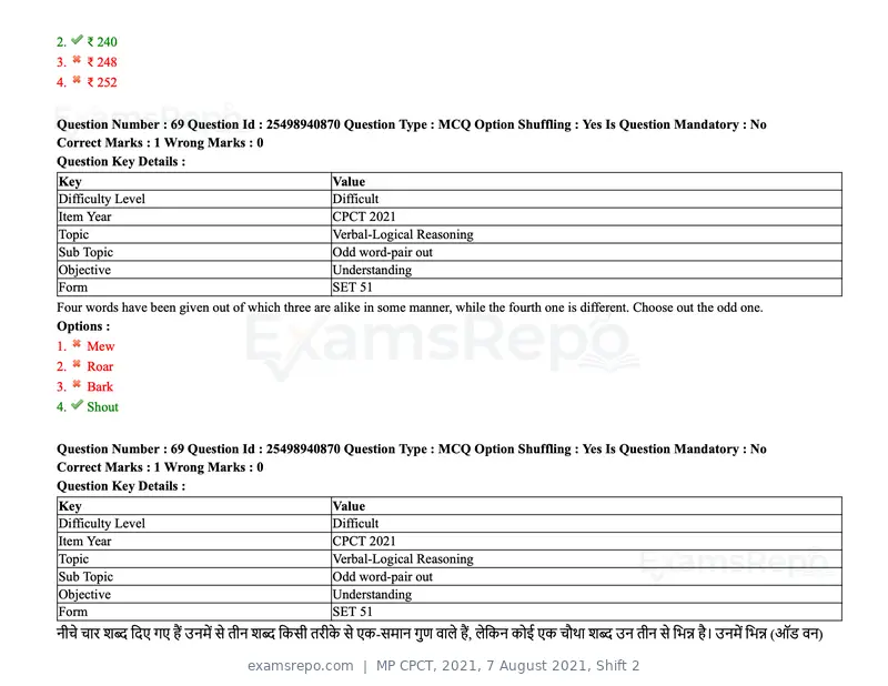 MP CPCT 2021 question paper, 7 August 2021, Shift 2, page 84 of 94