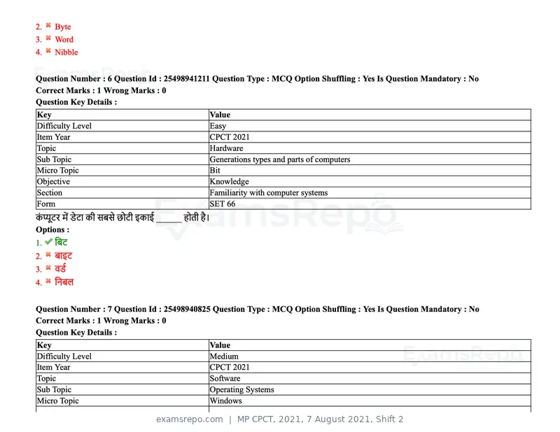 MP CPCT 2021 question paper, 7 August 2021, Shift 2, page 9 of 94