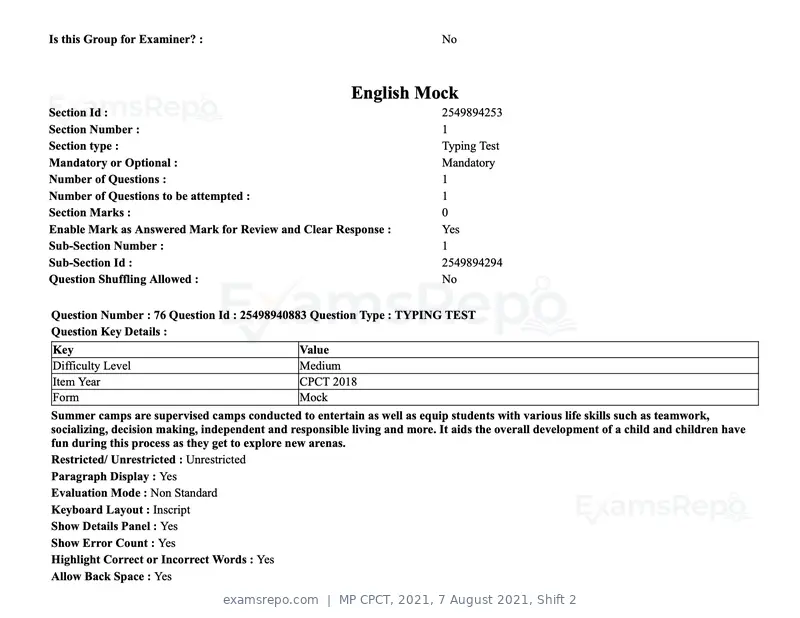 MP CPCT 2021 question paper, 7 August 2021, Shift 2, page 92 of 94