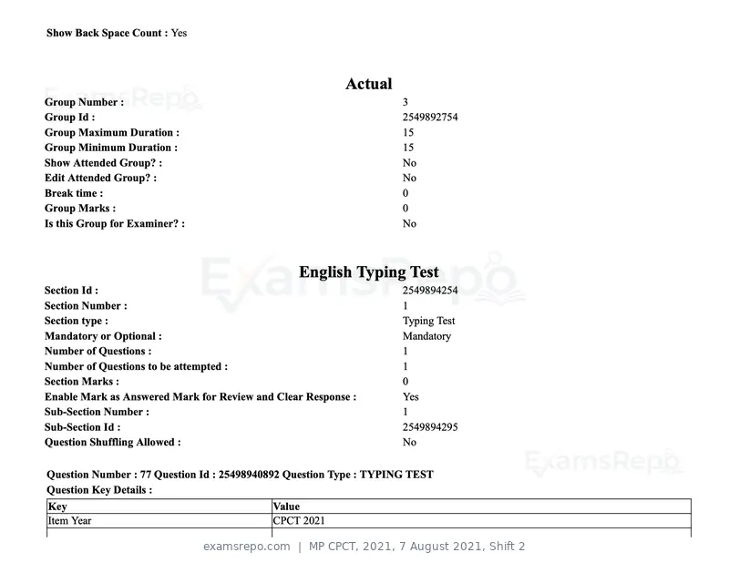 MP CPCT 2021 question paper, 7 August 2021, Shift 2, page 93 of 94