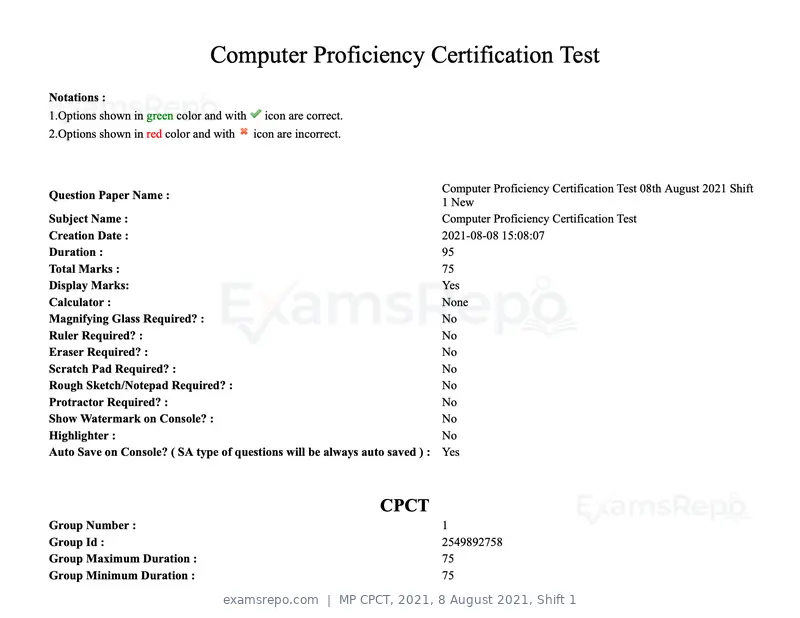MP CPCT 2021 question paper, 8 August 2021, Shift 1, page 1 of 95