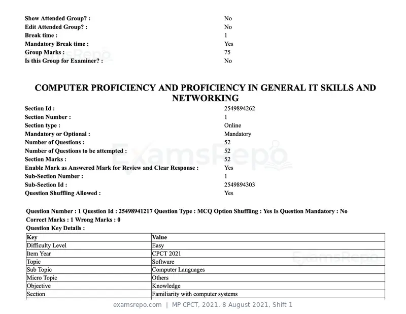 MP CPCT 2021 question paper, 8 August 2021, Shift 1, page 2 of 95