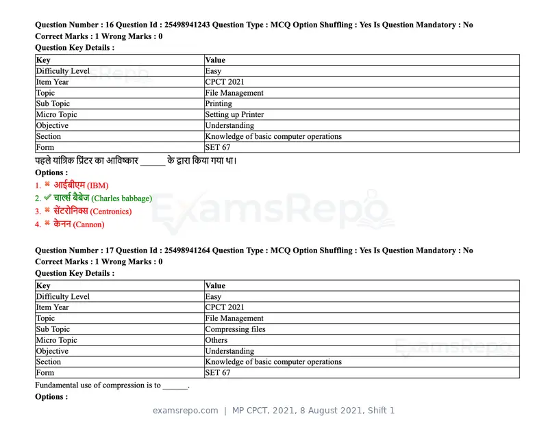 MP CPCT 2021 question paper, 8 August 2021, Shift 1, page 21 of 95