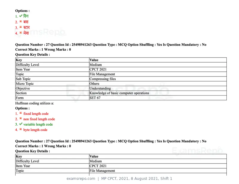 MP CPCT 2021 question paper, 8 August 2021, Shift 1, page 33 of 95