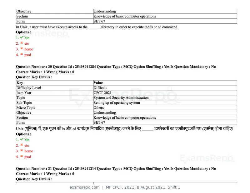 MP CPCT 2021 question paper, 8 August 2021, Shift 1, page 37 of 95