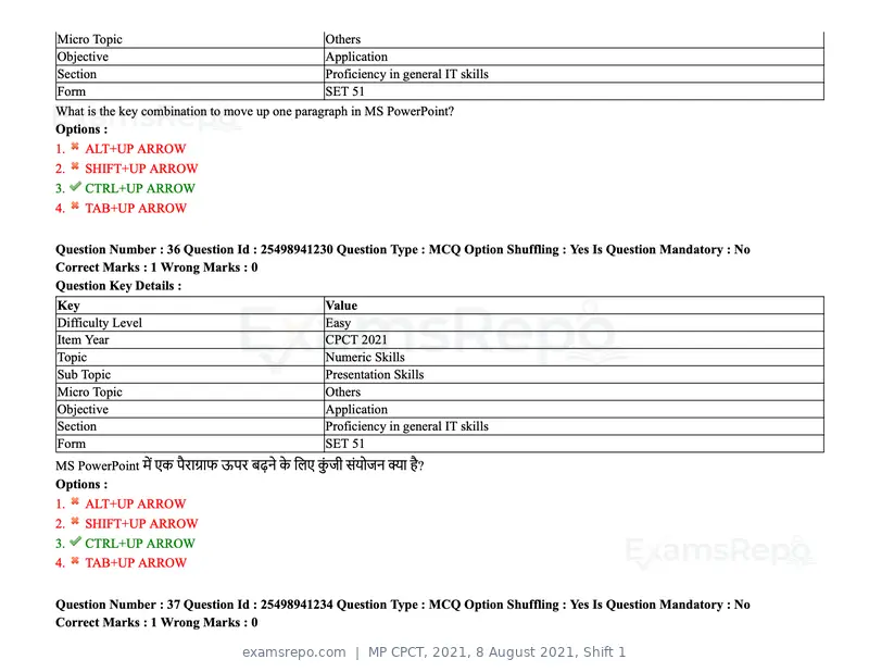 MP CPCT 2021 question paper, 8 August 2021, Shift 1, page 44 of 95