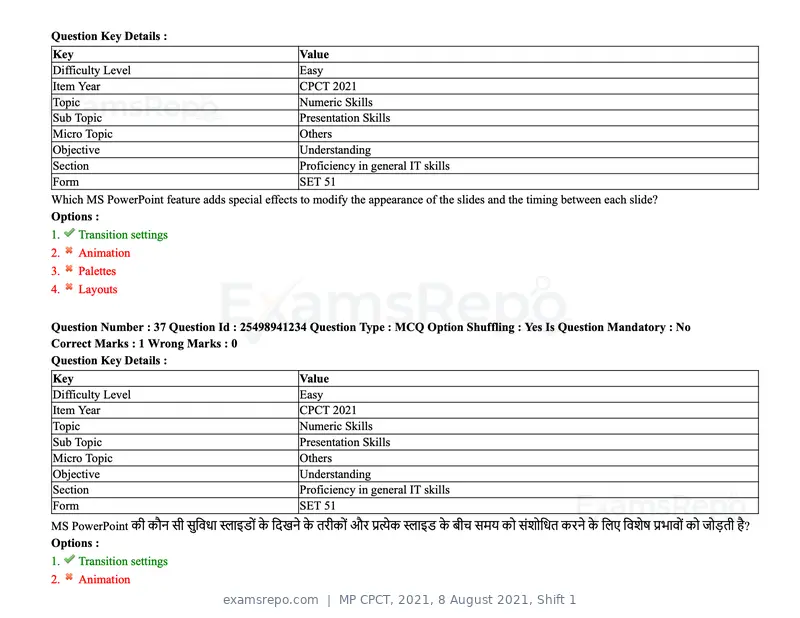 MP CPCT 2021 question paper, 8 August 2021, Shift 1, page 45 of 95