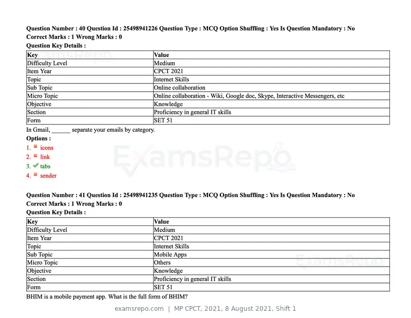 MP CPCT 2021 question paper, 8 August 2021, Shift 1, page 49 of 95