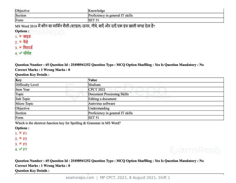 MP CPCT 2021 question paper, 8 August 2021, Shift 1, page 54 of 95