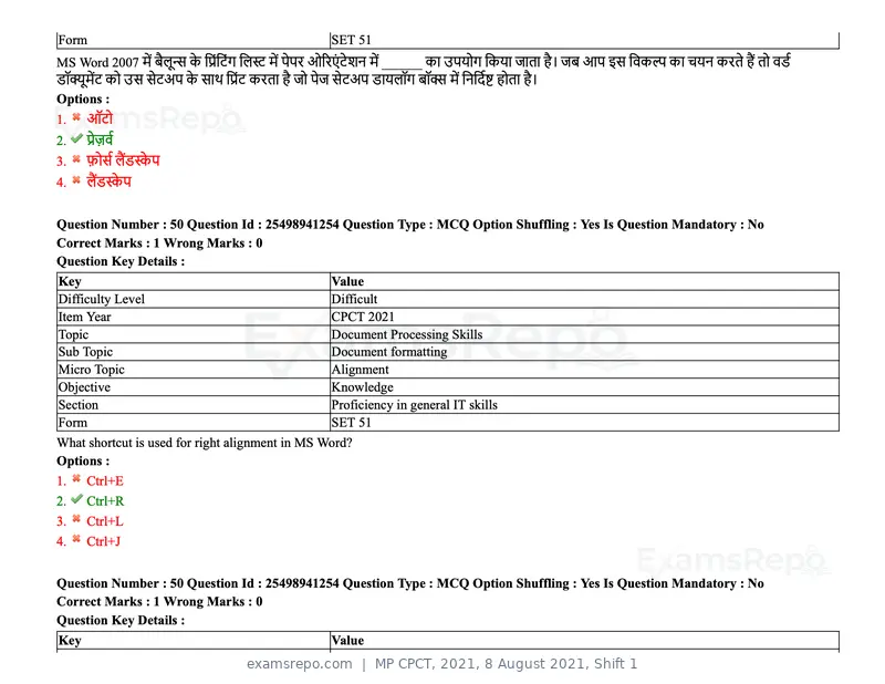 MP CPCT 2021 question paper, 8 August 2021, Shift 1, page 60 of 95