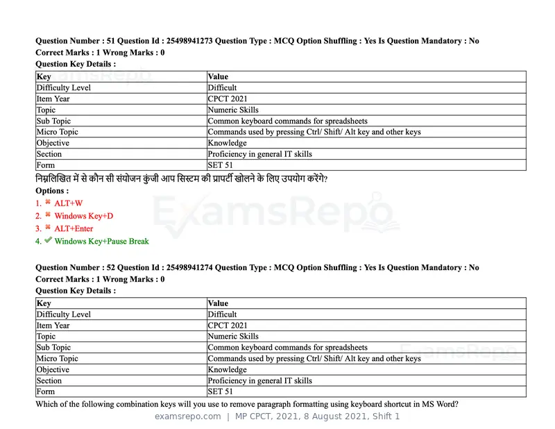 MP CPCT 2021 question paper, 8 August 2021, Shift 1, page 62 of 95