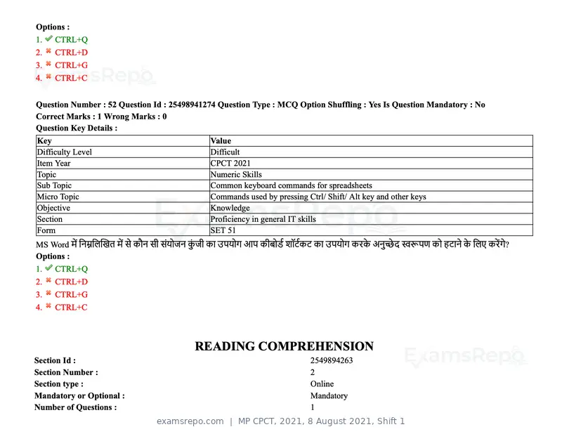 MP CPCT 2021 question paper, 8 August 2021, Shift 1, page 63 of 95