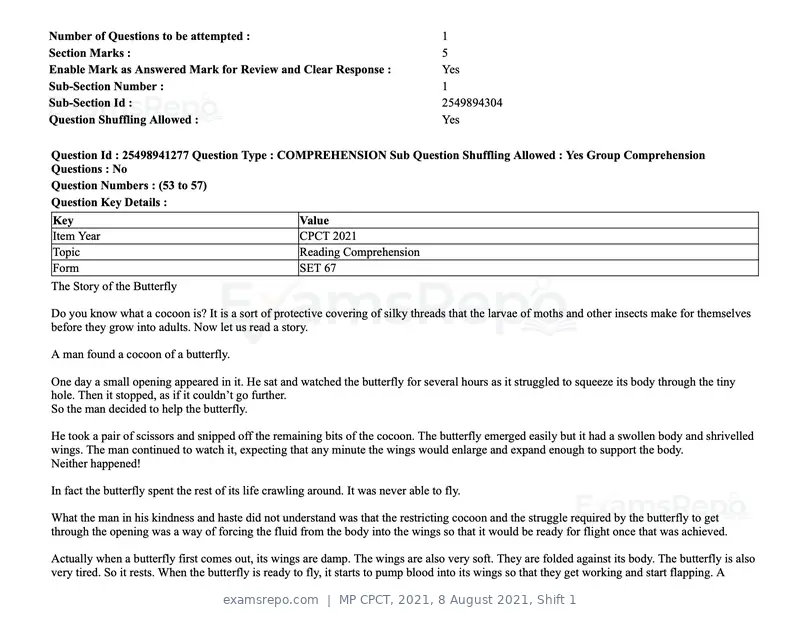 MP CPCT 2021 question paper, 8 August 2021, Shift 1, page 64 of 95