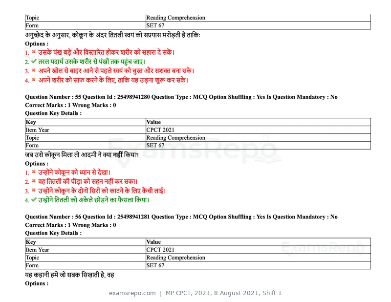 MP CPCT 2021 question paper, 8 August 2021, Shift 1, page 69 of 95