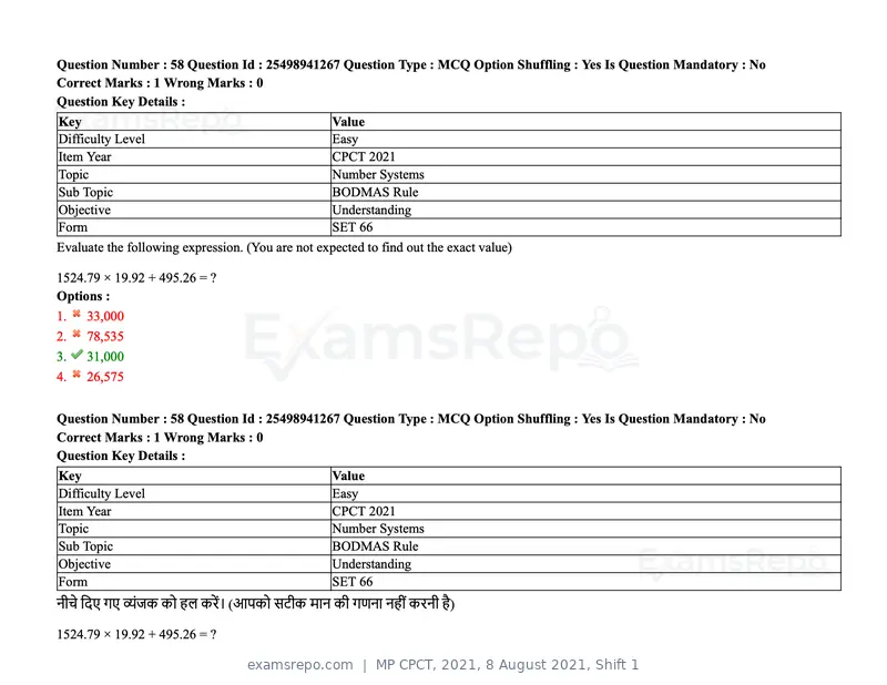 MP CPCT 2021 question paper, 8 August 2021, Shift 1, page 71 of 95