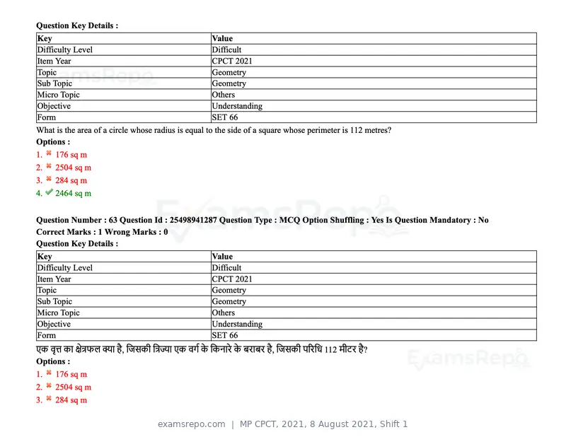 MP CPCT 2021 question paper, 8 August 2021, Shift 1, page 77 of 95
