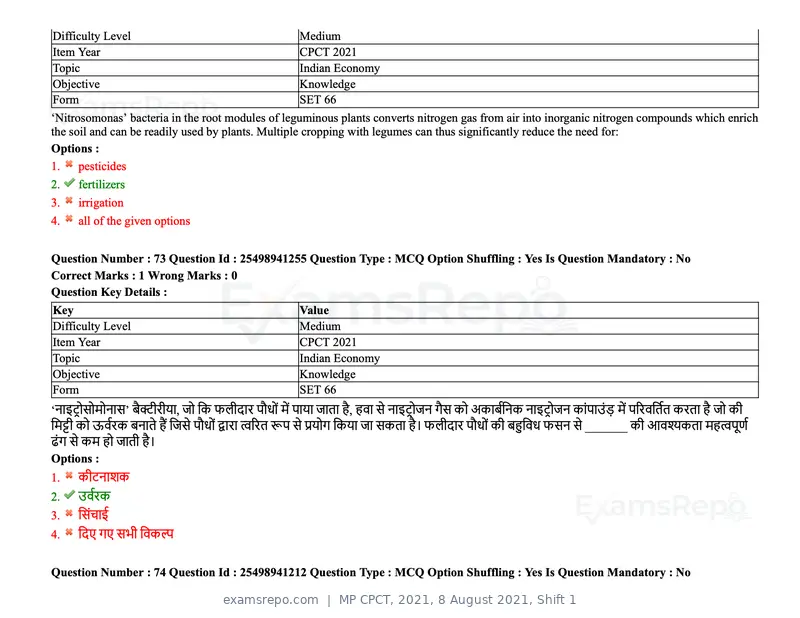 MP CPCT 2021 question paper, 8 August 2021, Shift 1, page 89 of 95