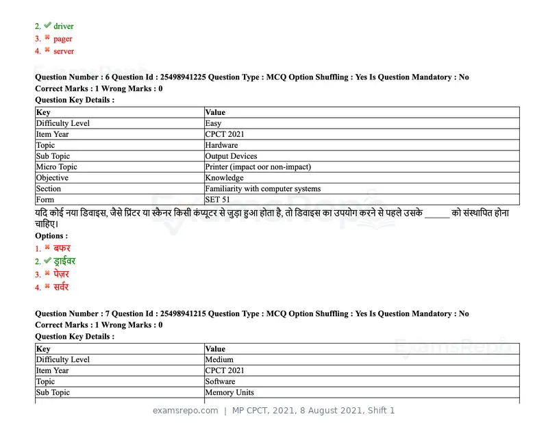 MP CPCT 2021 question paper, 8 August 2021, Shift 1, page 9 of 95