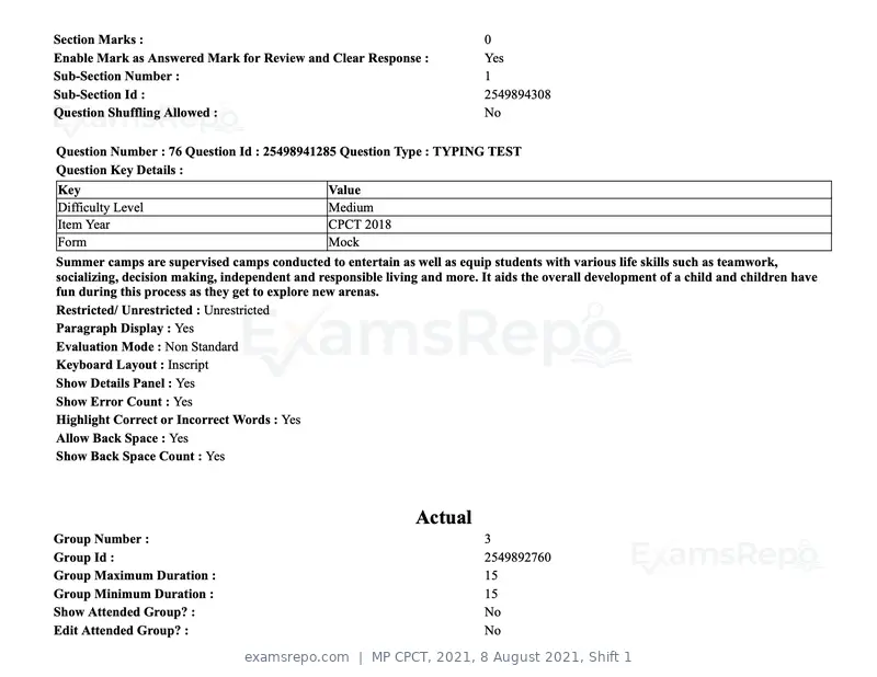MP CPCT 2021 question paper, 8 August 2021, Shift 1, page 93 of 95