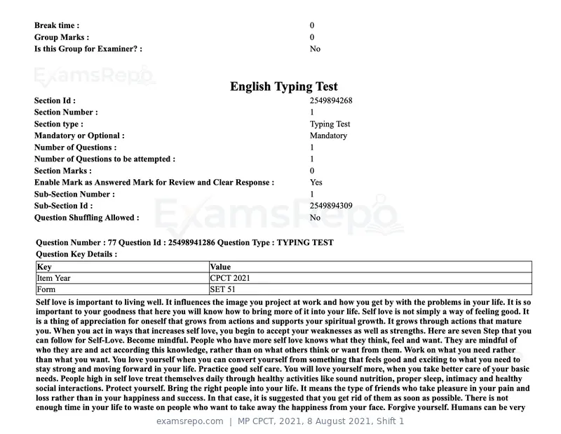 MP CPCT 2021 question paper, 8 August 2021, Shift 1, page 94 of 95