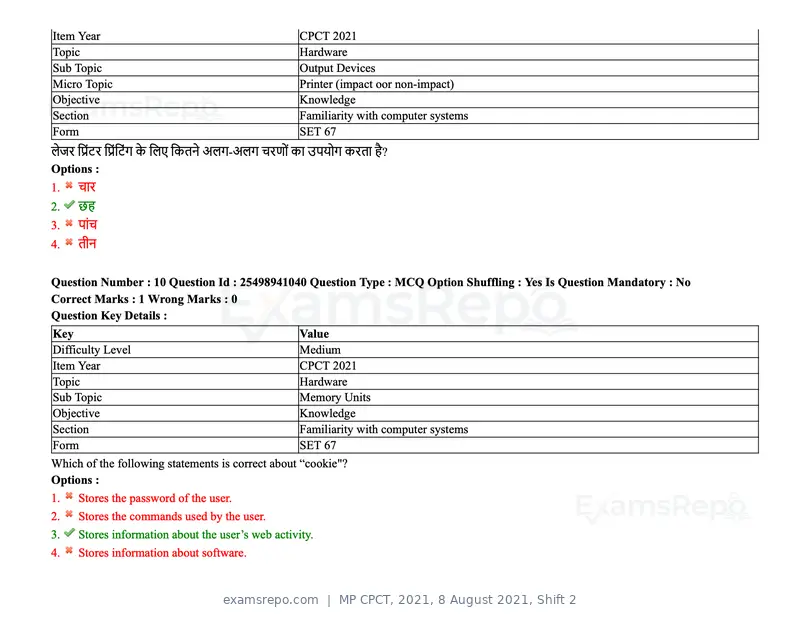 MP CPCT 2021 question paper, 8 August 2021, Shift 2, page 13 of 96