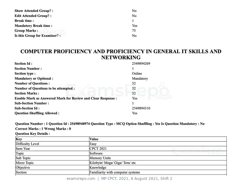 MP CPCT 2021 question paper, 8 August 2021, Shift 2, page 2 of 96