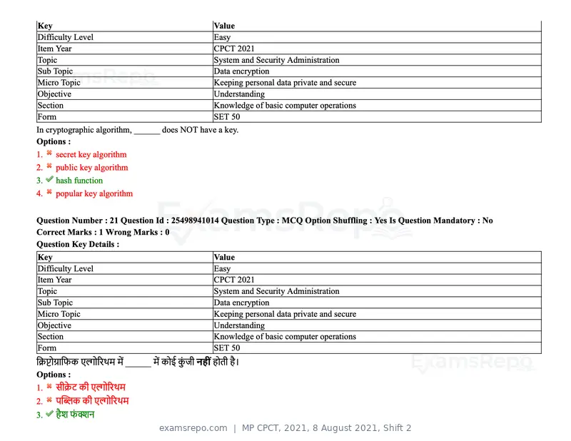MP CPCT 2021 question paper, 8 August 2021, Shift 2, page 27 of 96