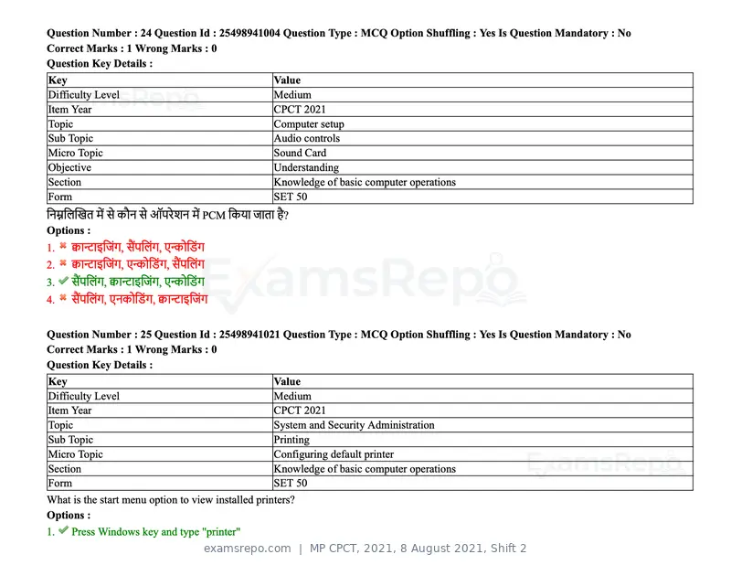 MP CPCT 2021 question paper, 8 August 2021, Shift 2, page 31 of 96