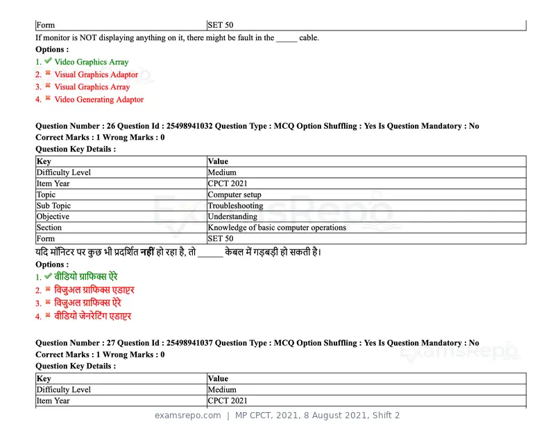MP CPCT 2021 question paper, 8 August 2021, Shift 2, page 33 of 96