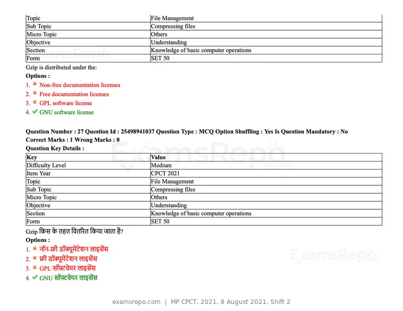 MP CPCT 2021 question paper, 8 August 2021, Shift 2, page 34 of 96