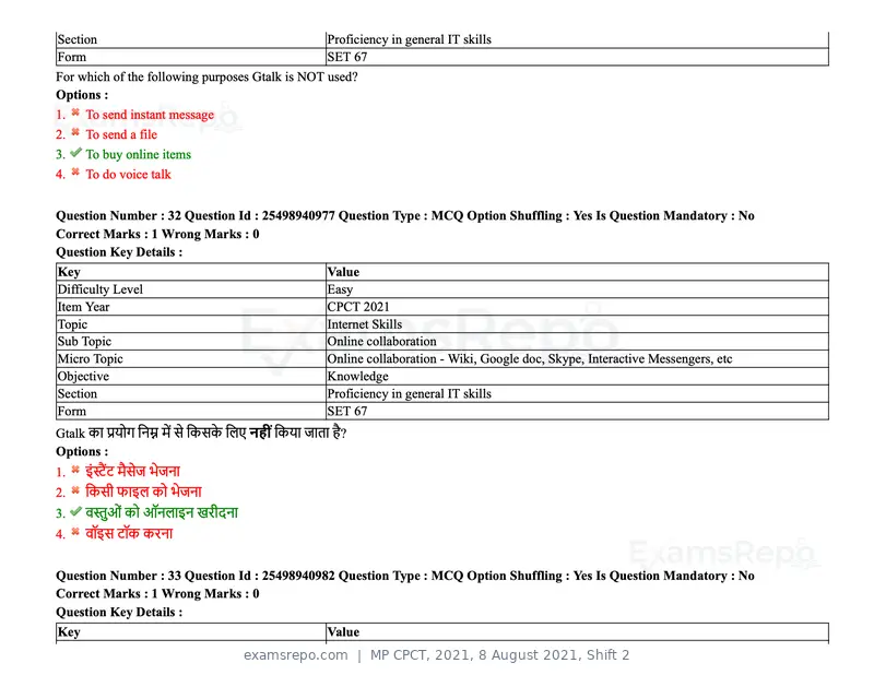 MP CPCT 2021 question paper, 8 August 2021, Shift 2, page 40 of 96