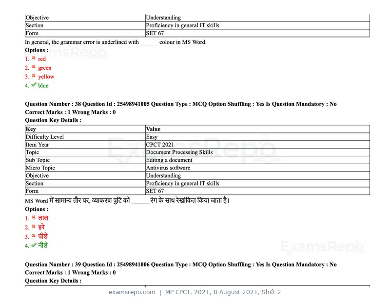MP CPCT 2021 question paper, 8 August 2021, Shift 2, page 47 of 96