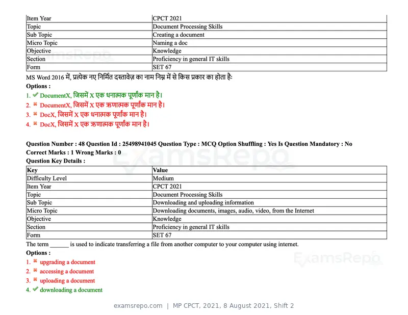 MP CPCT 2021 question paper, 8 August 2021, Shift 2, page 58 of 96