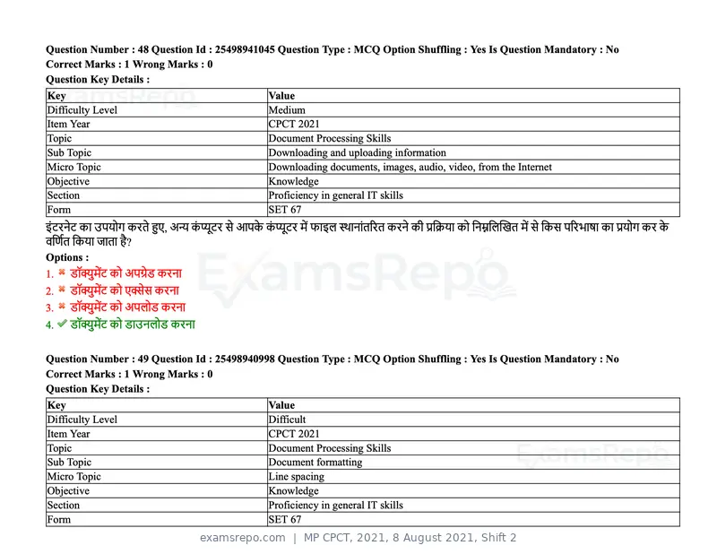 MP CPCT 2021 question paper, 8 August 2021, Shift 2, page 59 of 96