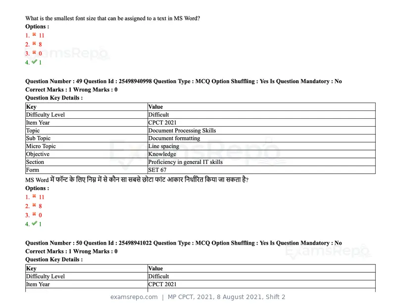 MP CPCT 2021 question paper, 8 August 2021, Shift 2, page 60 of 96