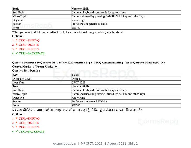 MP CPCT 2021 question paper, 8 August 2021, Shift 2, page 61 of 96
