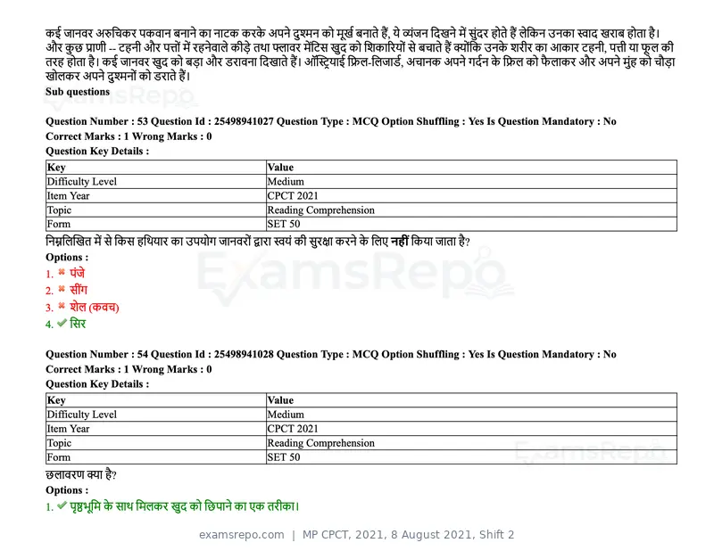 MP CPCT 2021 question paper, 8 August 2021, Shift 2, page 69 of 96